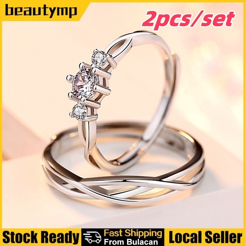 2 Pcs/set Good Jewelry 925 Silver Couple Ring Crystal Diamond Couple Wedding Adjustable Rings