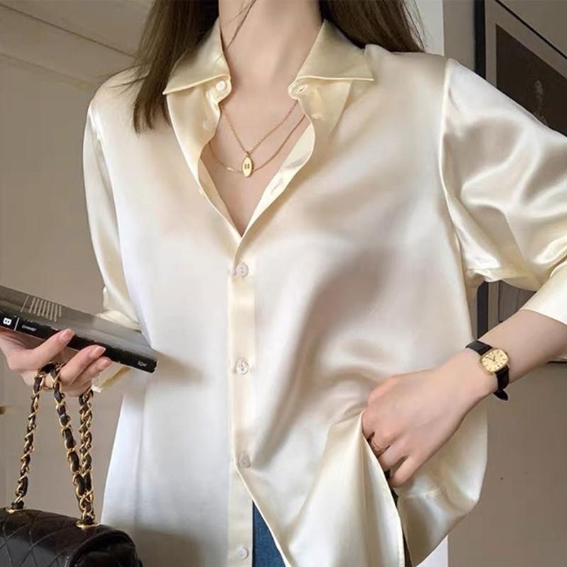 Women's solid color satin long sleeve shirt Top Womenswear Blouse Lady Basic #5