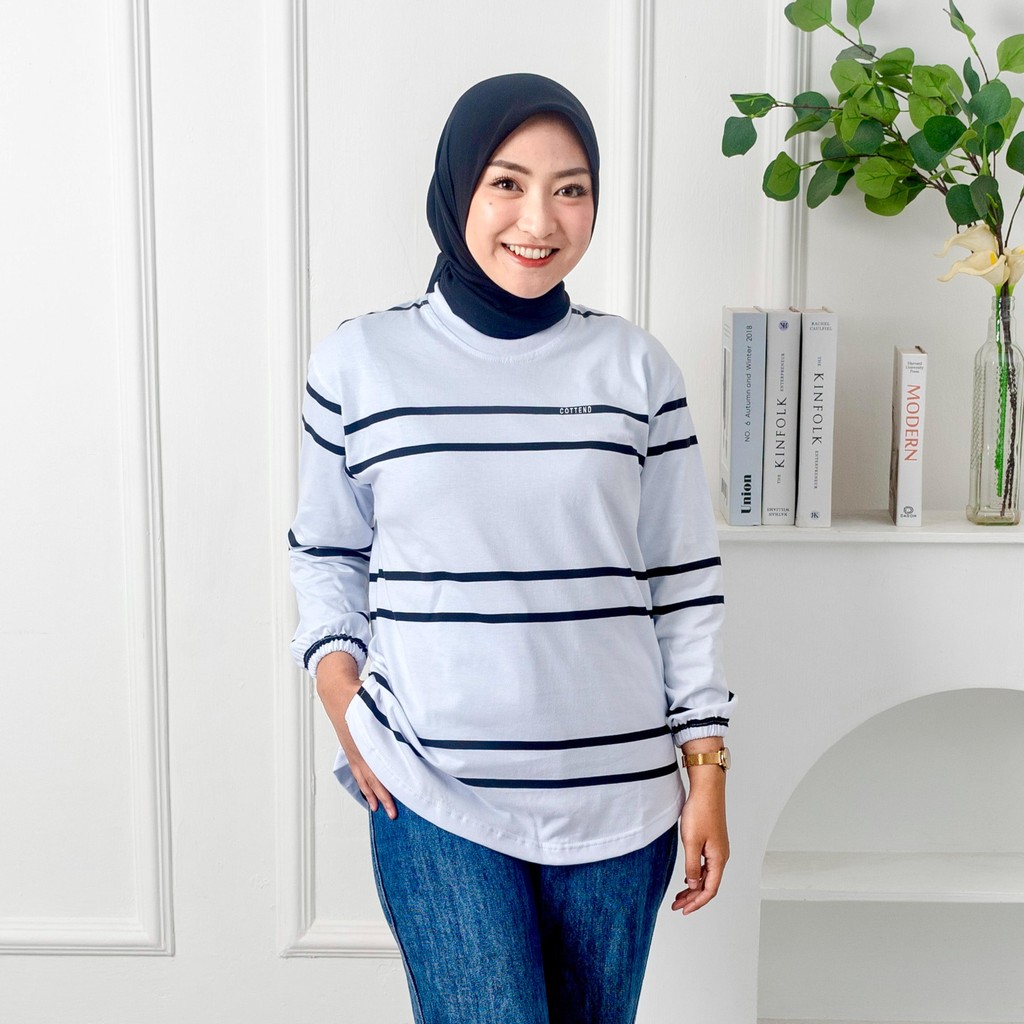 COTTEND STRIPE Atasan kaos Wanita OVAL lengan Panjang Lengan Garis Bahan Katun combed