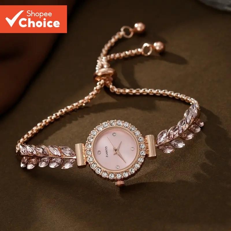 Watch Leaf Design Crystal Studded Adjustable Bracelet Elegant Fashion Women