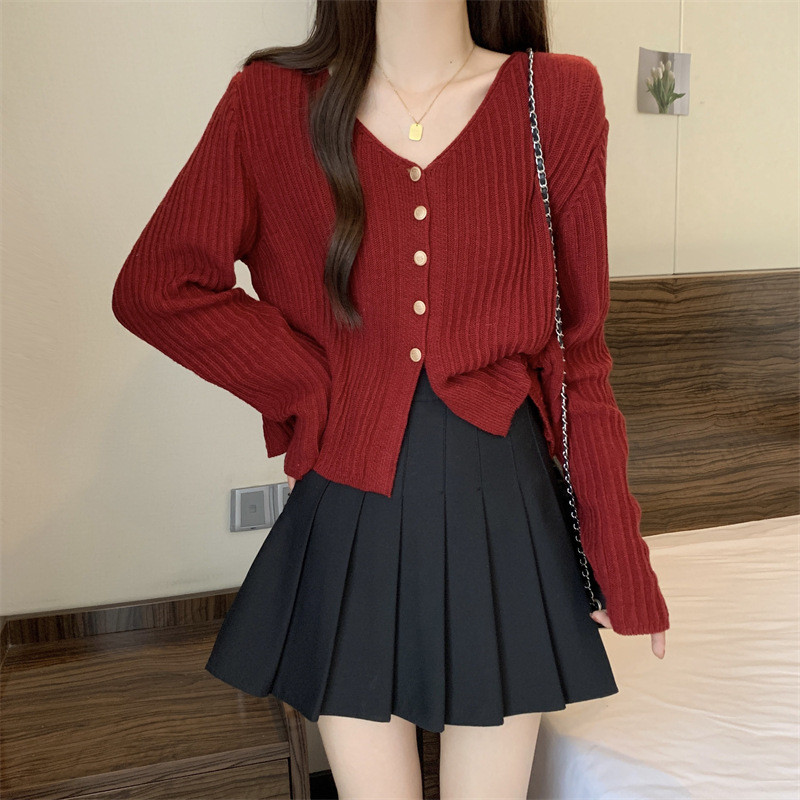 V-neck Knitted Cardigan Women Spring Autumn New Style Classy Slimmer Look Flesh-Covering