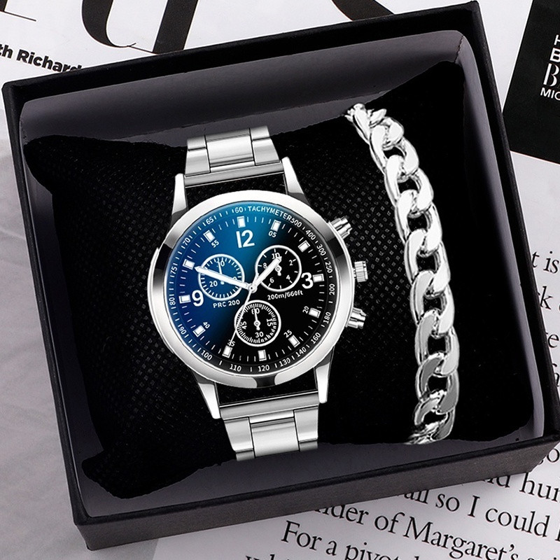 Business Men's Watch Bracelet Set Stainless Steel Quartz Movement Gift for Boyfriend [Box free], For