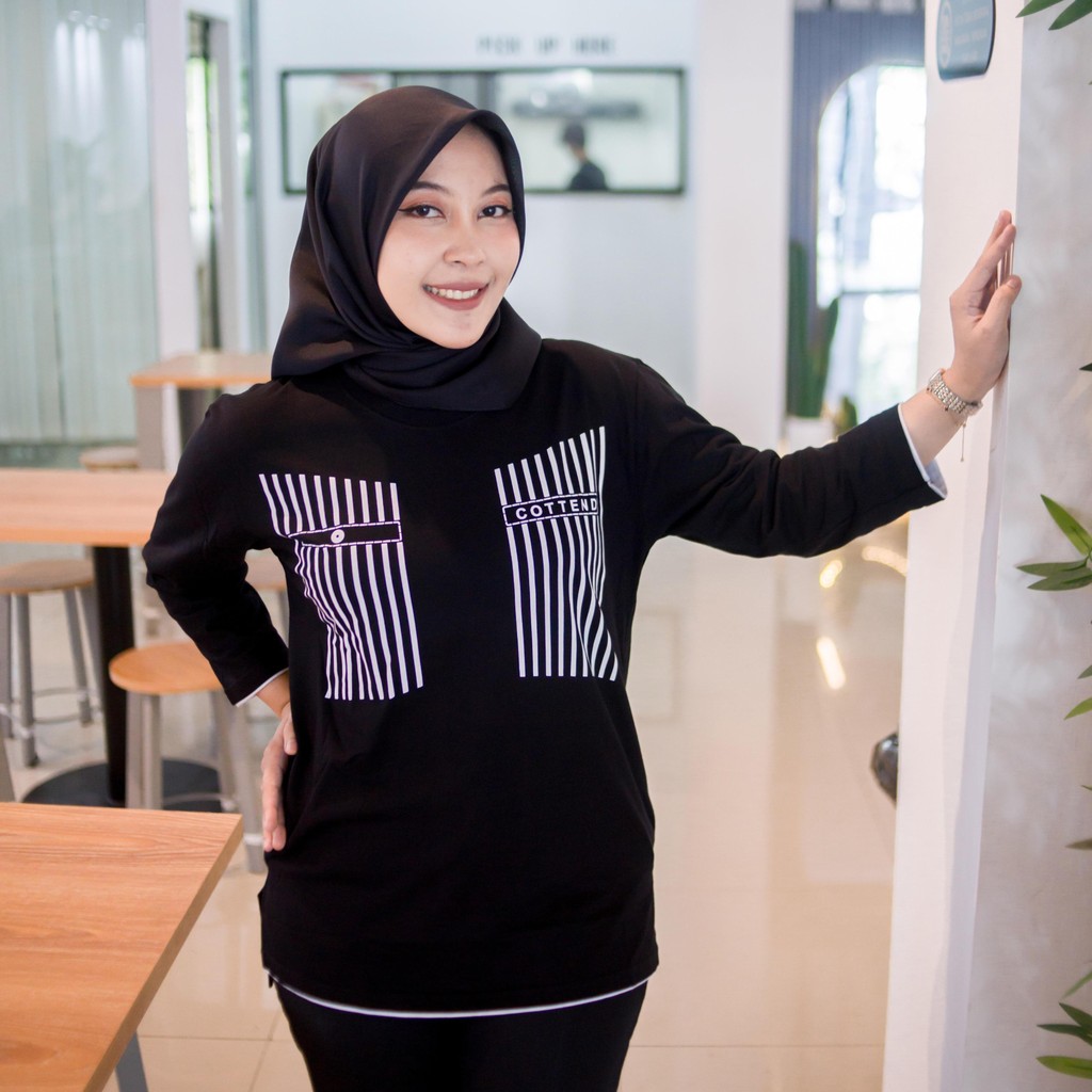 COTTEND [ NEW LAUNCHING ] Oversized Pocket Sablon Baju Kaos Atasan Wanita Lengan 7/8 - Bahan Katun C