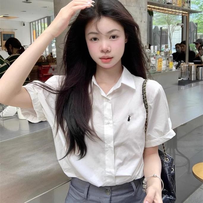 Preppy Style Embroidered Blouse Women's Loose Short Sleeve Shirt Minimalist Sweet Style Women's Top