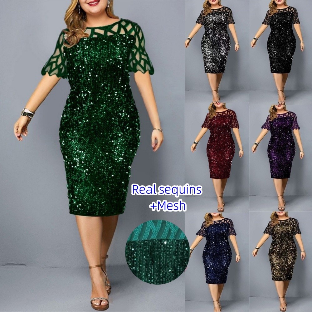 {Shipped From Manila+COD} Elegant Plus Size Sequin Dress for Women Short Sleeve Glitter Midi Gown –
