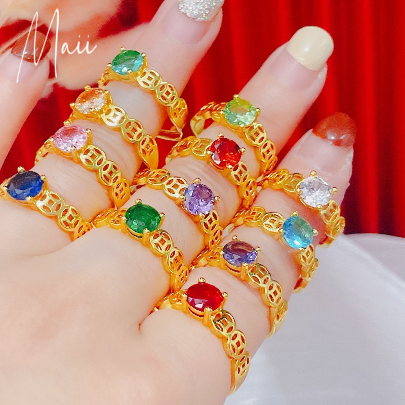 12 Birthstone Fashion Lucky Money Ring Adjustable Charm Accessories For Women TR709