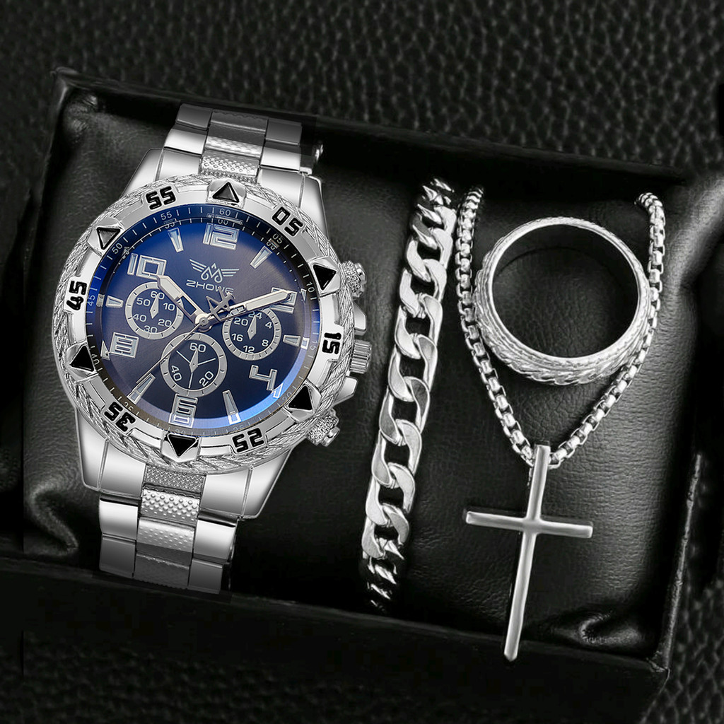 Men's 4PCS Watch Set Fashion Casual Stainless Steel Three-dial Quartz Watch Free Necklace Bracelet R