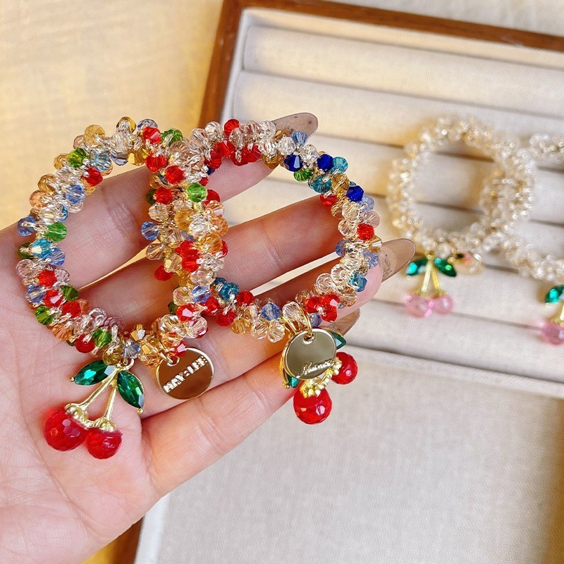 Color rhinestone cherry hair rope women's 2025 new high-end sweet high-elastic ponytail bracelet dua