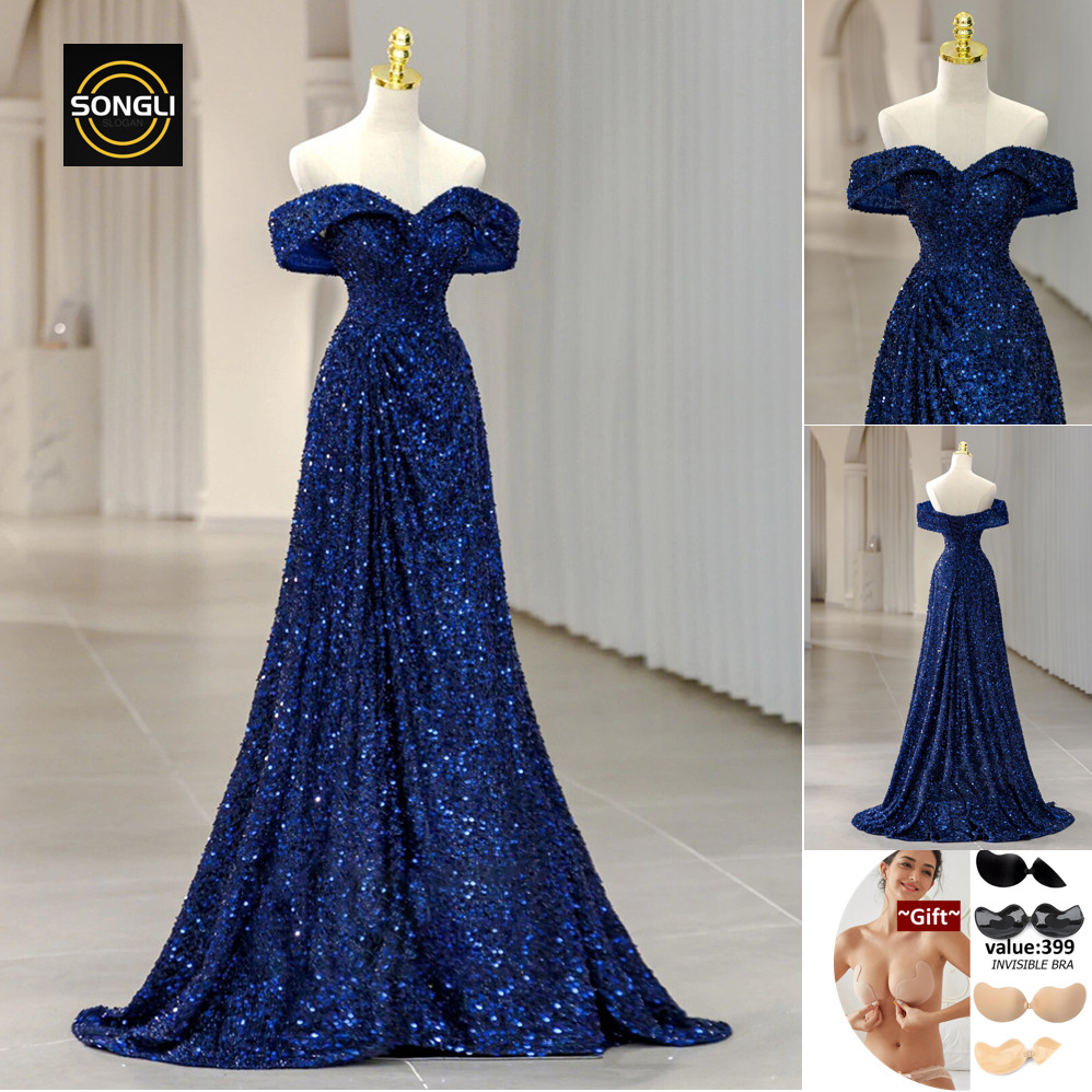Navy blue gown sequined off shoulder small tail long party dress