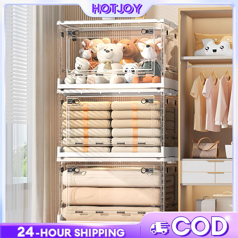 HOTJOY Foldable Storage Box Organizer Stackable Clothes Cabinet Transparent Double Door