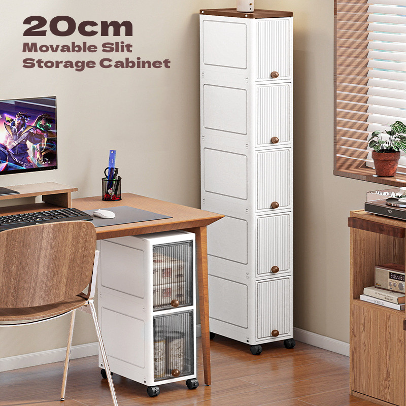 20cm Movable Narrow Gap Storage Cabinet Flip Cover Multi-Layer Bathroom Kitchen Storage Cabinet Slit Shelf with Wheel