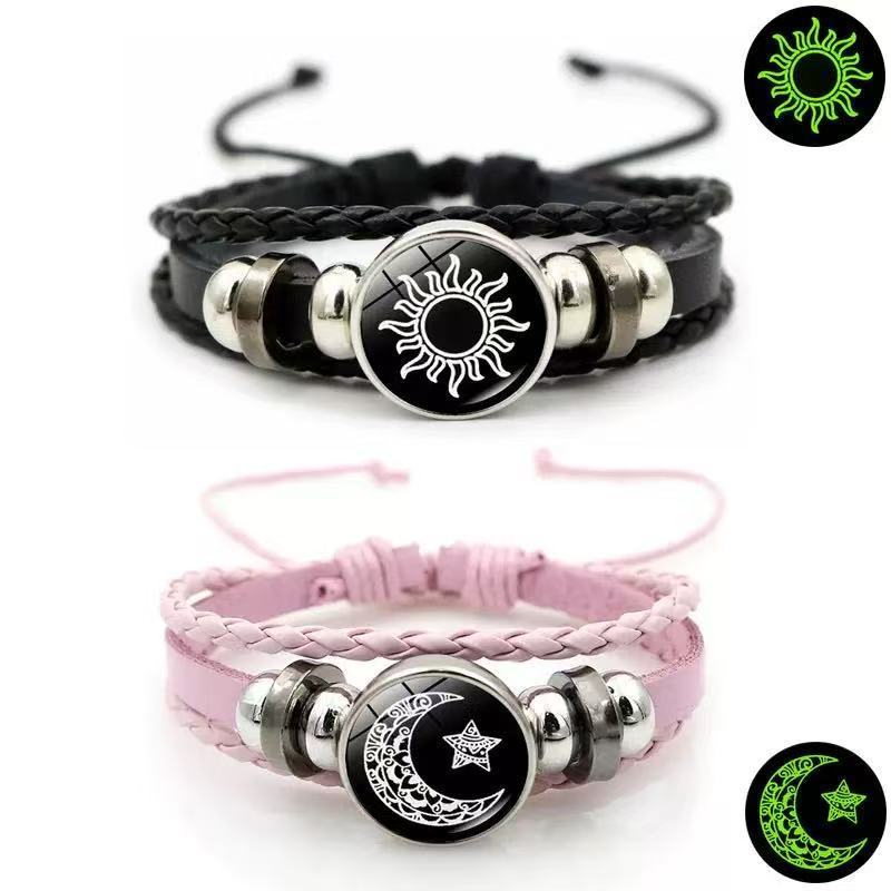 Moonlight Gemstone Leather Bracelet Sun Moon Lover Couple Gift Night Light Bead Weaving Gift