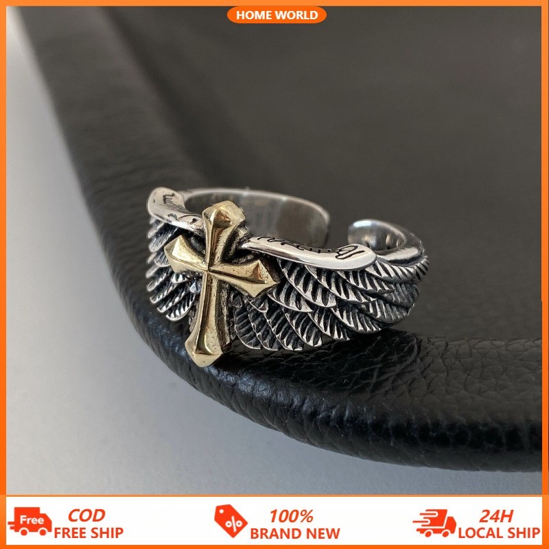 Unisex Retro Punk Stainless Wings Cross Ring Men American Vintage Ring Sliver Jewelry Accessories