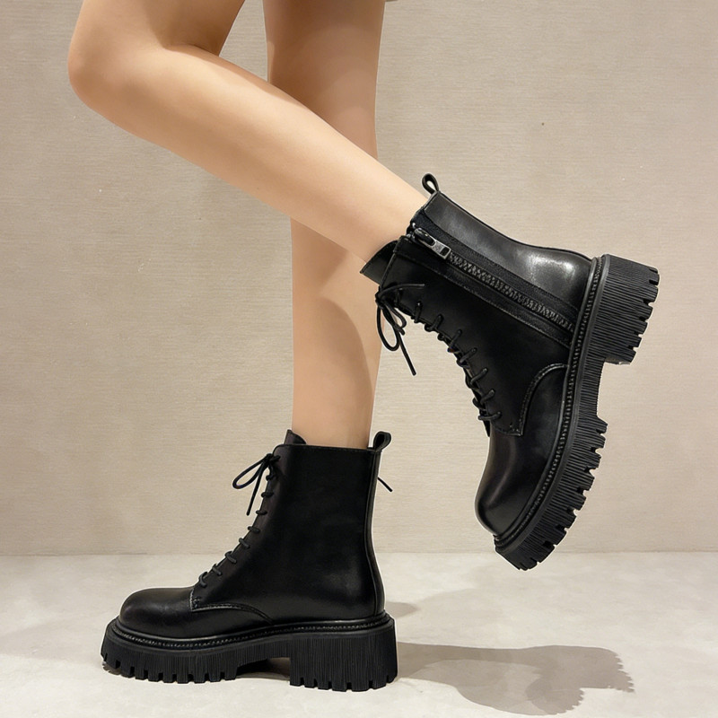 Women's Black Genuine Leather Boots Korean Style High-Top Fashion Casual Martin Boots Ankle Boots