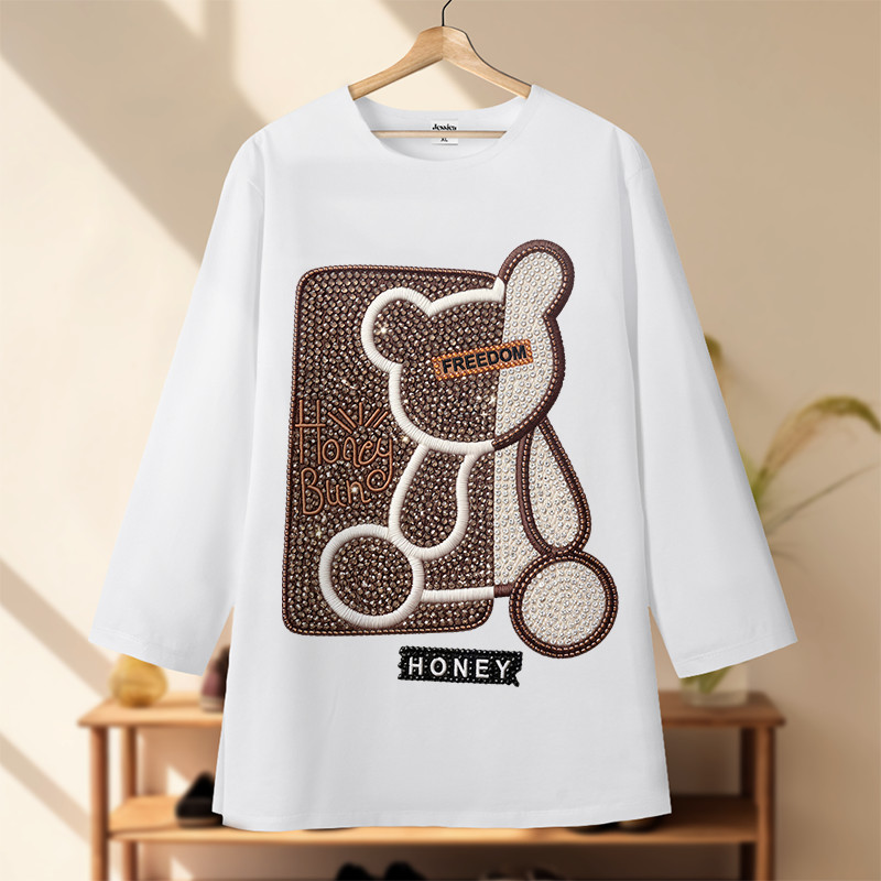 Jessica Kaos Wanita Lengan 7/8 Motif Beruang Honey Bun Hotfix Rhinestone Print Bahan Cotton
