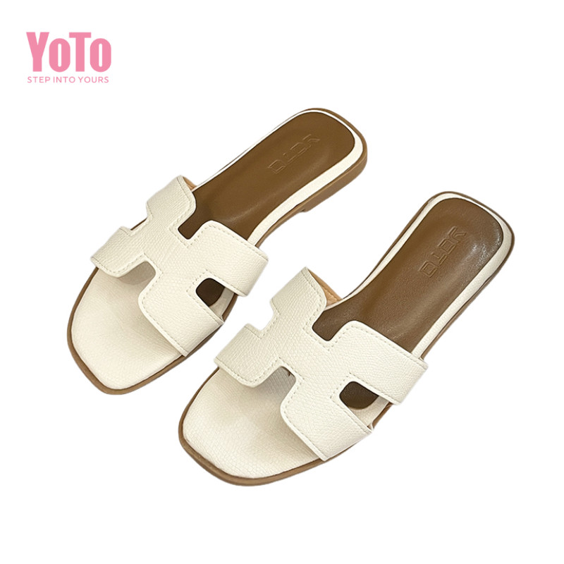 YOTO New Women's Flat Sandals Premium Square-Toe Leather Made Strap Slippers For Women