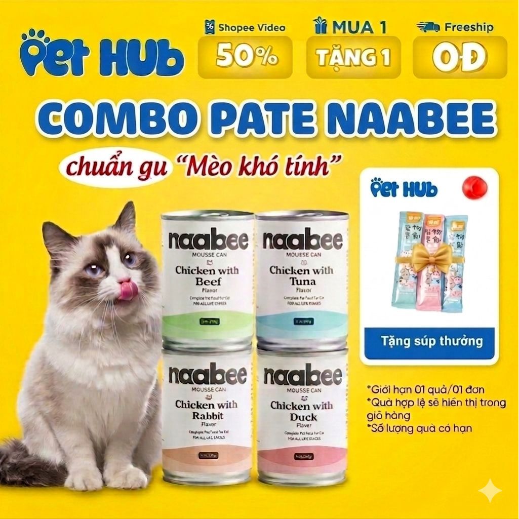 Combo 12 - 6 Lon Naabee Pate Mèo Dạng Mousse | Dễ ăn, dễ tiêu hóa | Cho mèo mọi độ tuổi