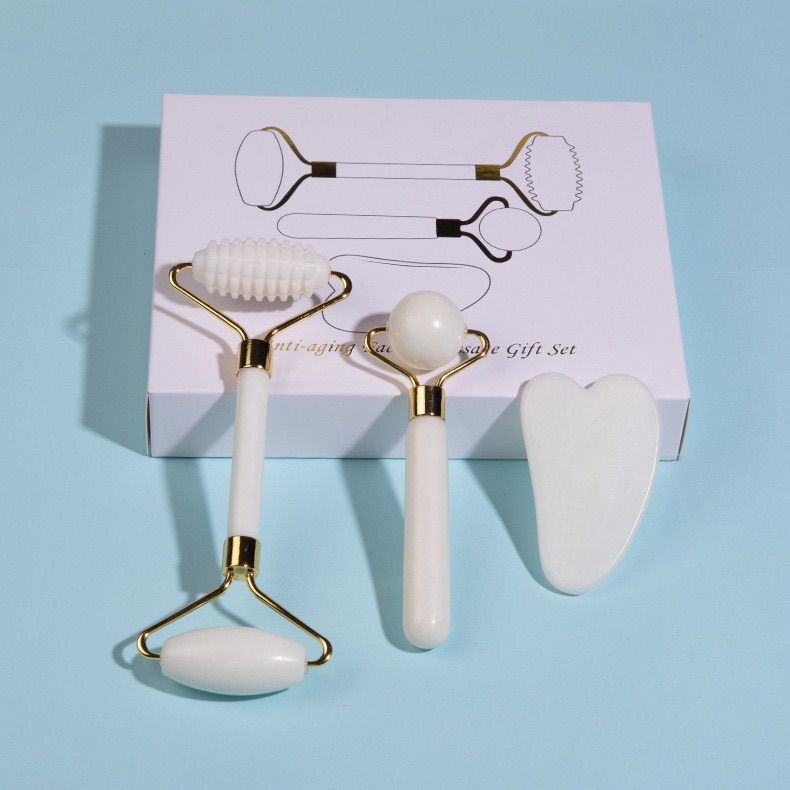 Jade Roller Massager Jade Roller Three Set Gift Box White Three Set Facial#玉石滚轮按摩器 Jade Roller Three Set Gift Box White Three Set Face 4/24