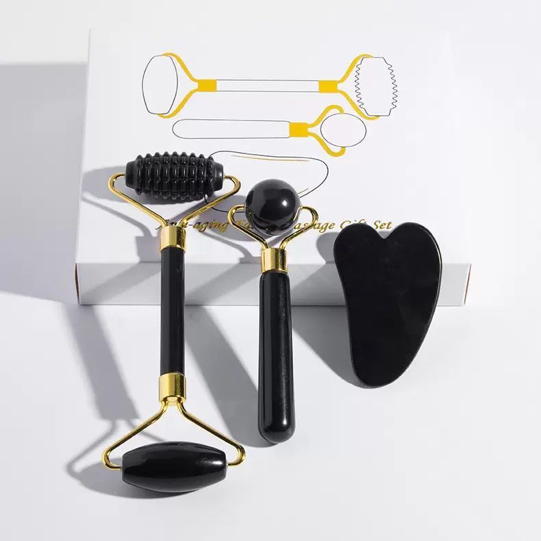Ready Stock Black Jade Double Big Head Jade Scraping Roller Facial Massage Three-Piece Gift Box Jade Roller Set