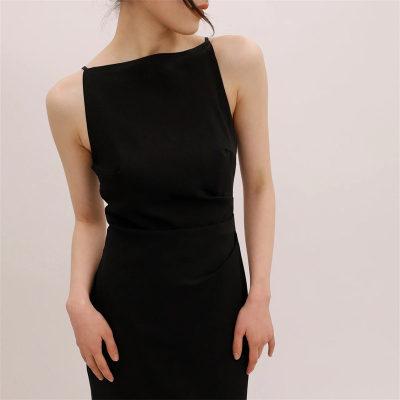 Elegant Hepburn Style Sleeveless Slip Dress Off Shoulder Pleated High Waist Split Slim Party Gown