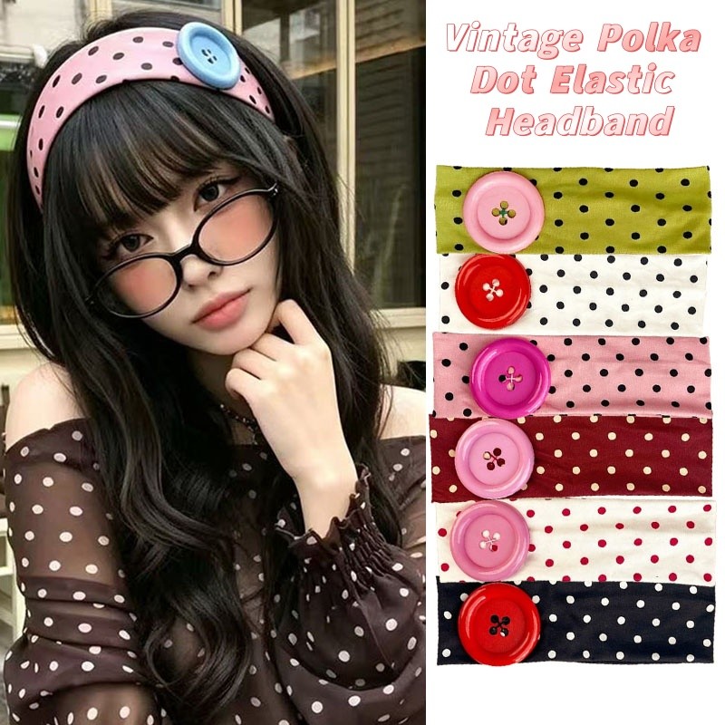 Retro Polka Dot Wide Headband, Cute Big Button Decor Elastic Hairband, Y2K Casual Daily Hair Accesso