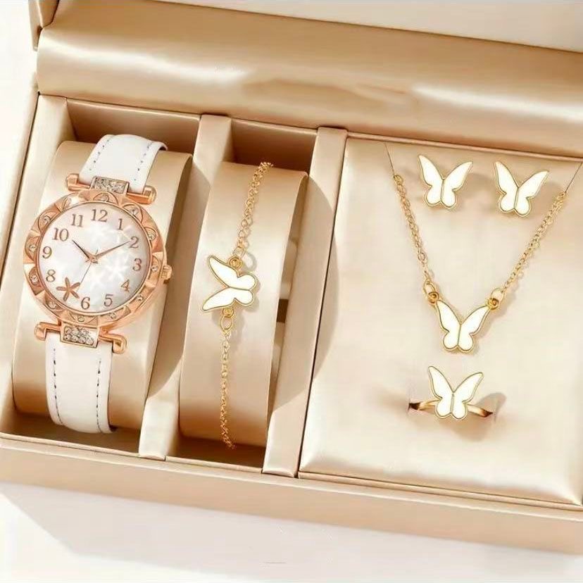 [COD] 5PCS Fashion Women Watch Set Leather Band Casual Quartz Timepiece Jewelry Gift Set
