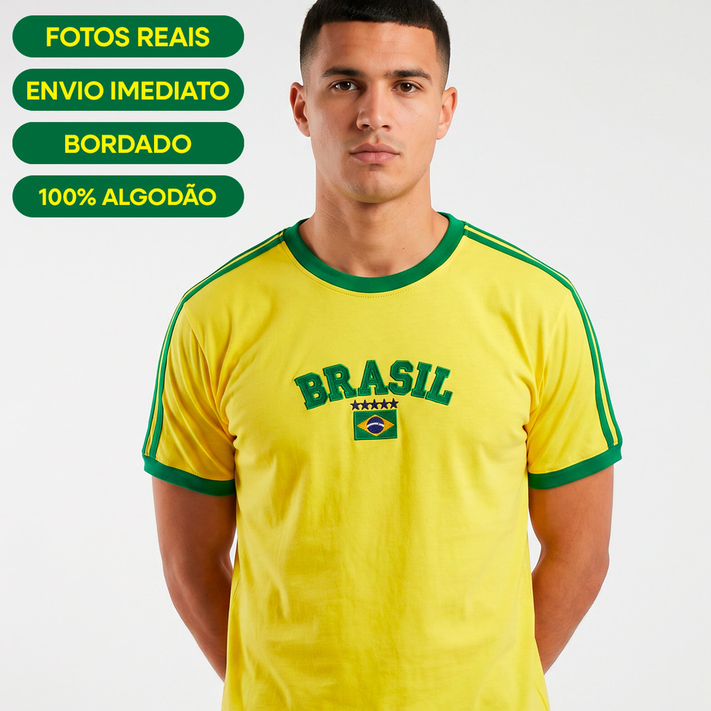 Camisa Camiseta Brasil Retro Bordada Amarela, Azul e Verde Copa do mundo, malha premium algodão