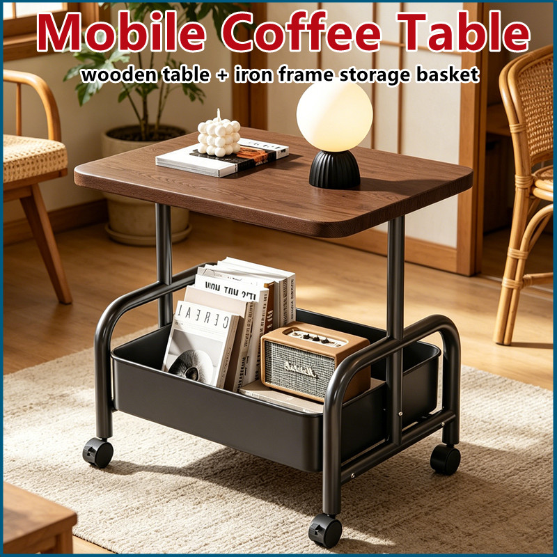 Mobile Coffee Table Laptop Desk Double-Layer Sofa Side Table with Removable Basket Sturdy Night Cabinet