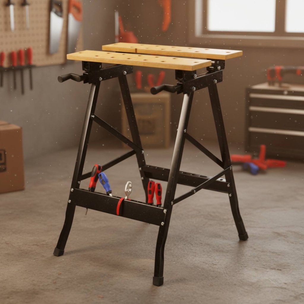 Foldable Design Folding Workbench Multi-Functional Portable Work Bench Built-in Tool Storage for Woodworkers, Carpenters, Garage, Job Site