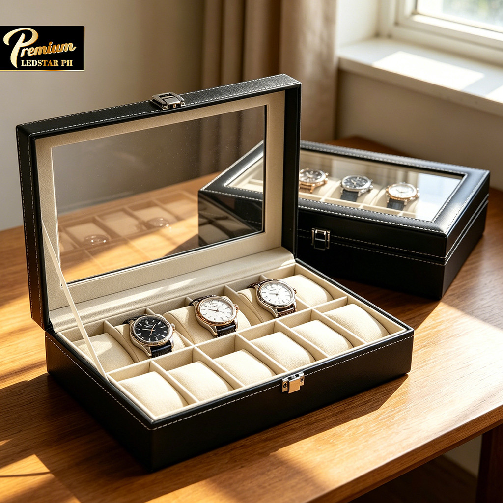12 Slots Grids Watch Storage Organizer Case PVC Leather Jewelry Display Storage Box