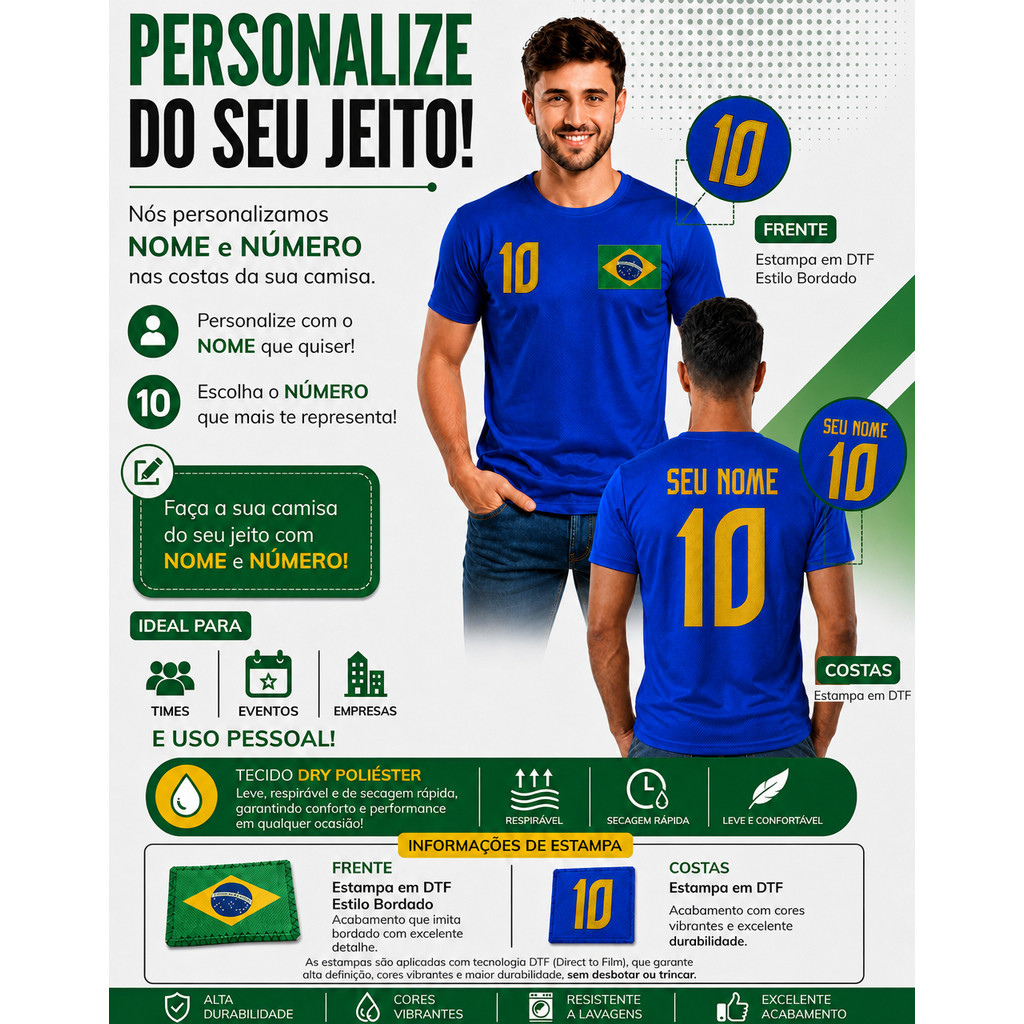 Camisa Masculina Brasil Azul Personalizada Nome e Número Poliéster Estampa DTF Torcedor