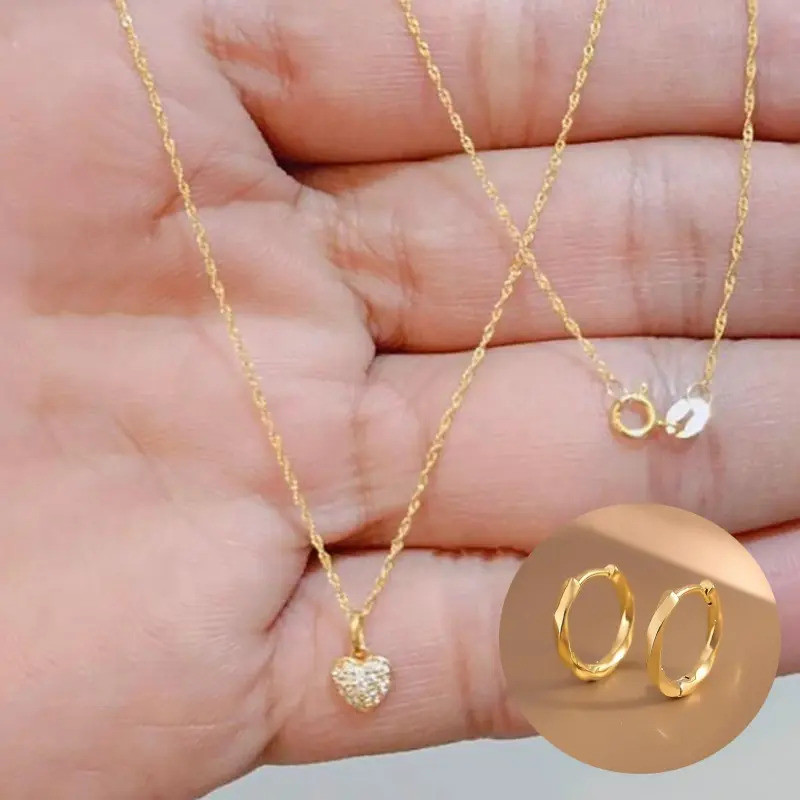 Heartbeat Signal Gold-Plated Heart & Zircon Necklace Earrings Set