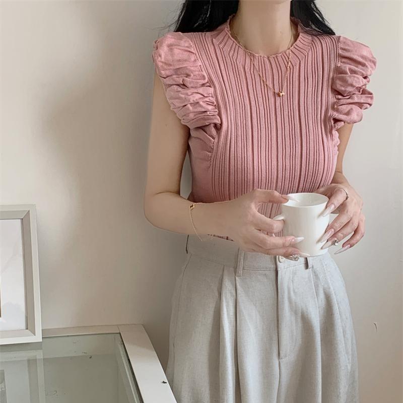 Sleeveless pleated knitted top summer Korean style design vertical stripes fresh sweet fashion#F1209
