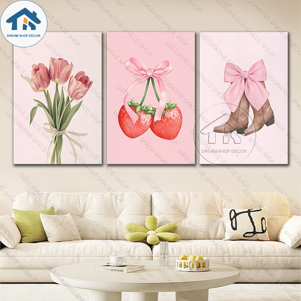 3-Piece Bohemian Pink Flowers Wall Decoration Art Aesthetic Gallery Print Set for Living Room Decor