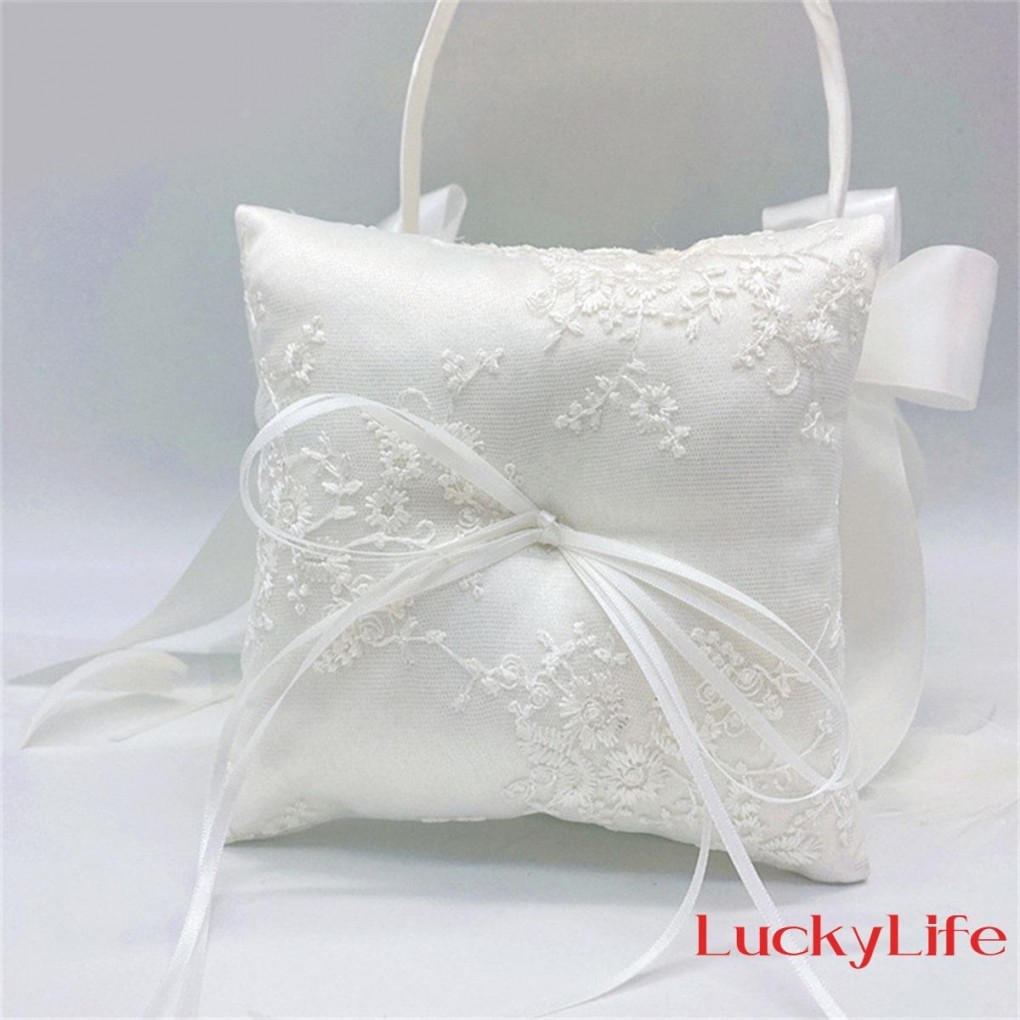Wedding Ring Pillow Embroidered Decorative Bow White Ring Bearer Pillow for Wedding Party
