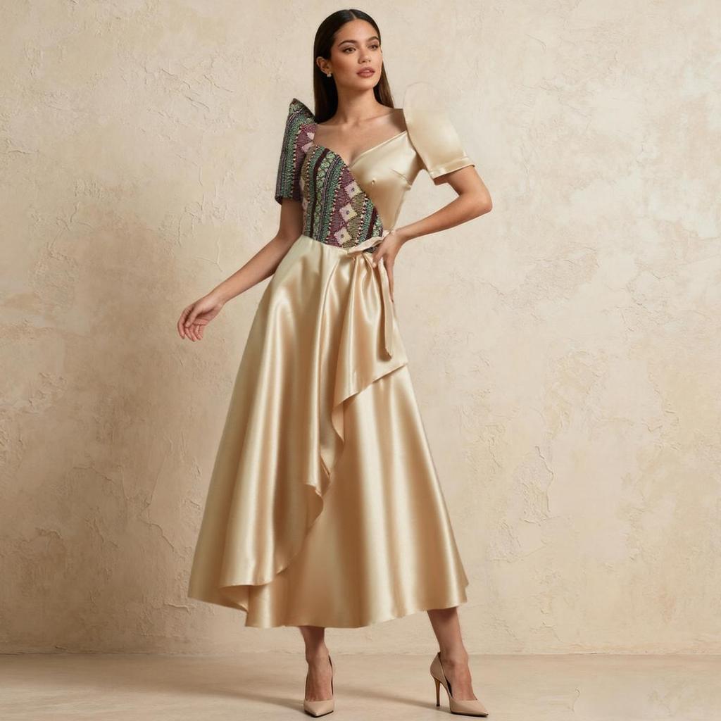 Amyenjoylife Modern Filipiniana Traditional Ethnic Clothing Patchwork Professional Dress Stylish Chr