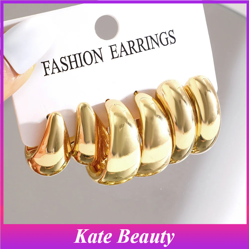 3 Pairs Retro Gold Silver Big Circle Hoop Earrings Set Fashion Earrings Simple Design Jewelry