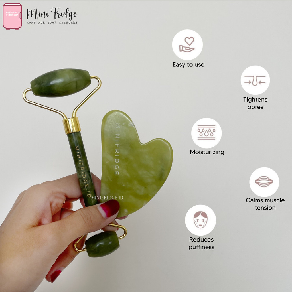 [MINIFRIDGE] JADE Facial Roller Guasha 2in1 Natural Jade Gua Sha Facial Massage Tool Face Massager Massage Genuine Jade Premium Real natural Stone Facial Massager Slim Face Anti Wrinkle Crystal Jade Royal Stone Anti Aging