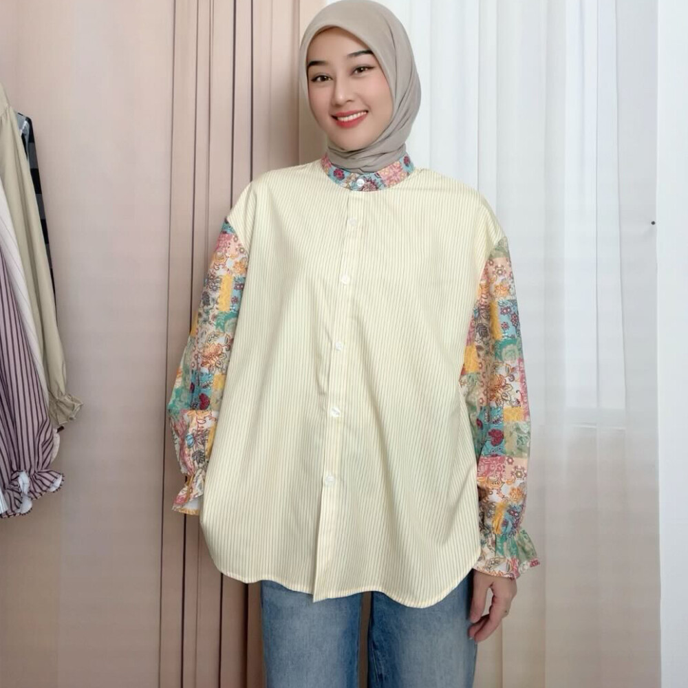 CHICMORE Kemeja Wanita Kontras Motif Elegan | Kemeja Casual Wanita | Kemeja Lengan Panjang | Kemeja