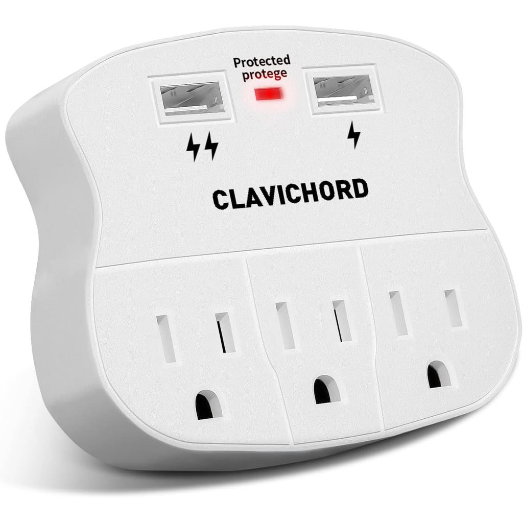 CLAVICHORD Surge Protector USB Wall Mount- Multi Plug Outlet Expander Surge Protector Wall Mount with 2 USB Charging Ports for Home/School/Office
