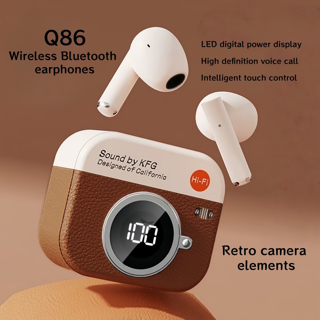 Q86 wireless bluetooth 5.4 in-ear headphones, featuring digital LED power display, built-in micropho