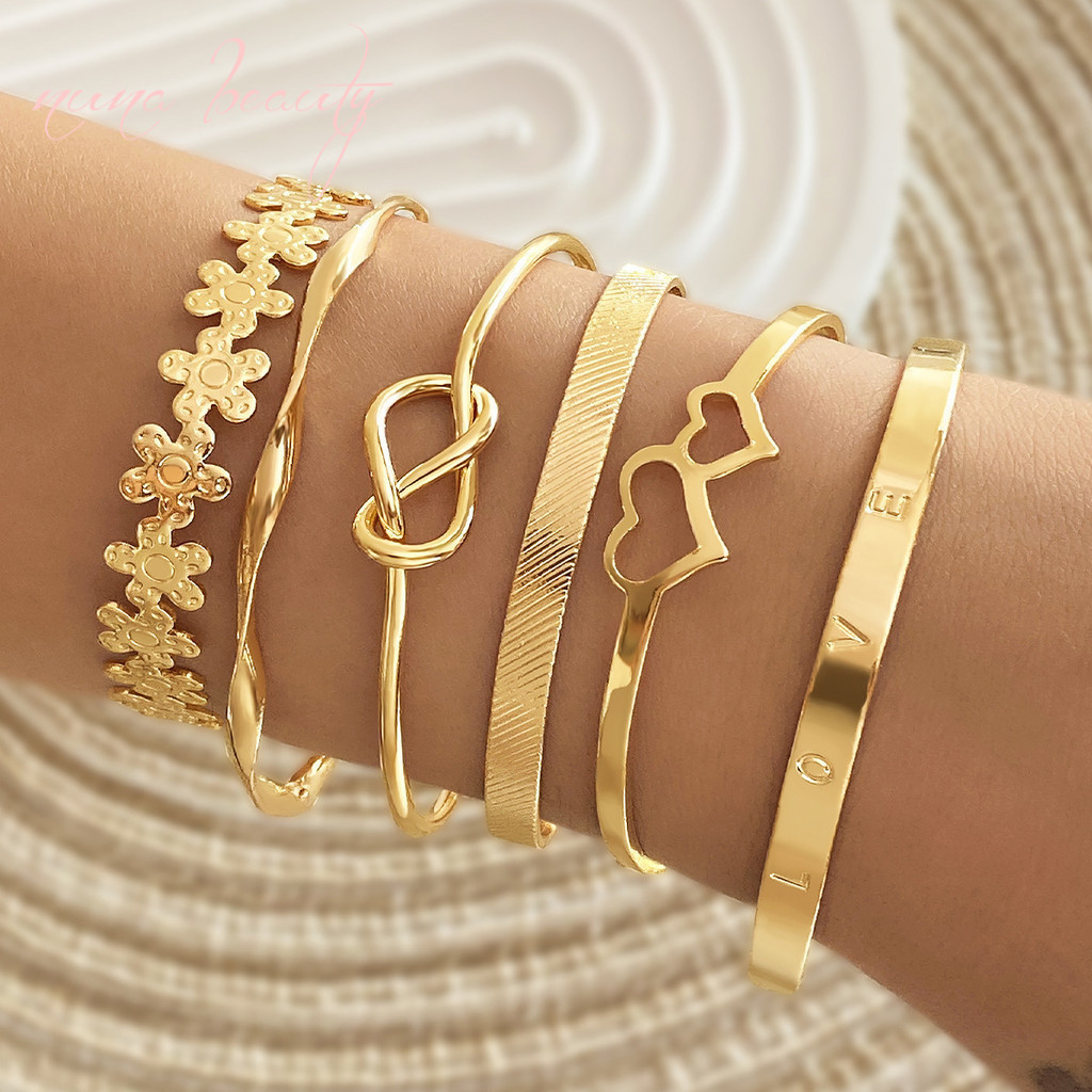 3/4/6pcs Adjustable Love Flower Bracelet Set for Women Gold Silver Open Bangle Boho Jewelry