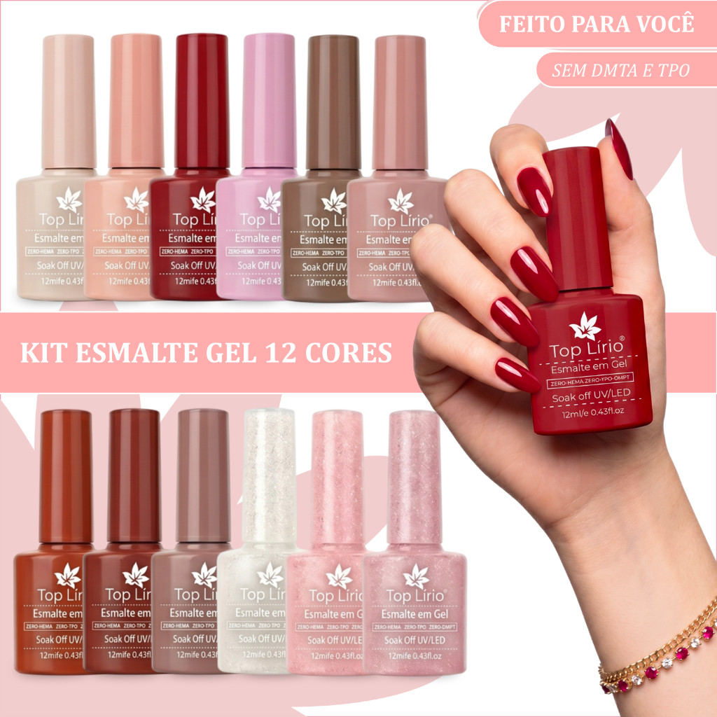 Kit 12 Esmaltes em Gel para Cabine LED UV 12ml Alta Durabilidade Zero HEMA