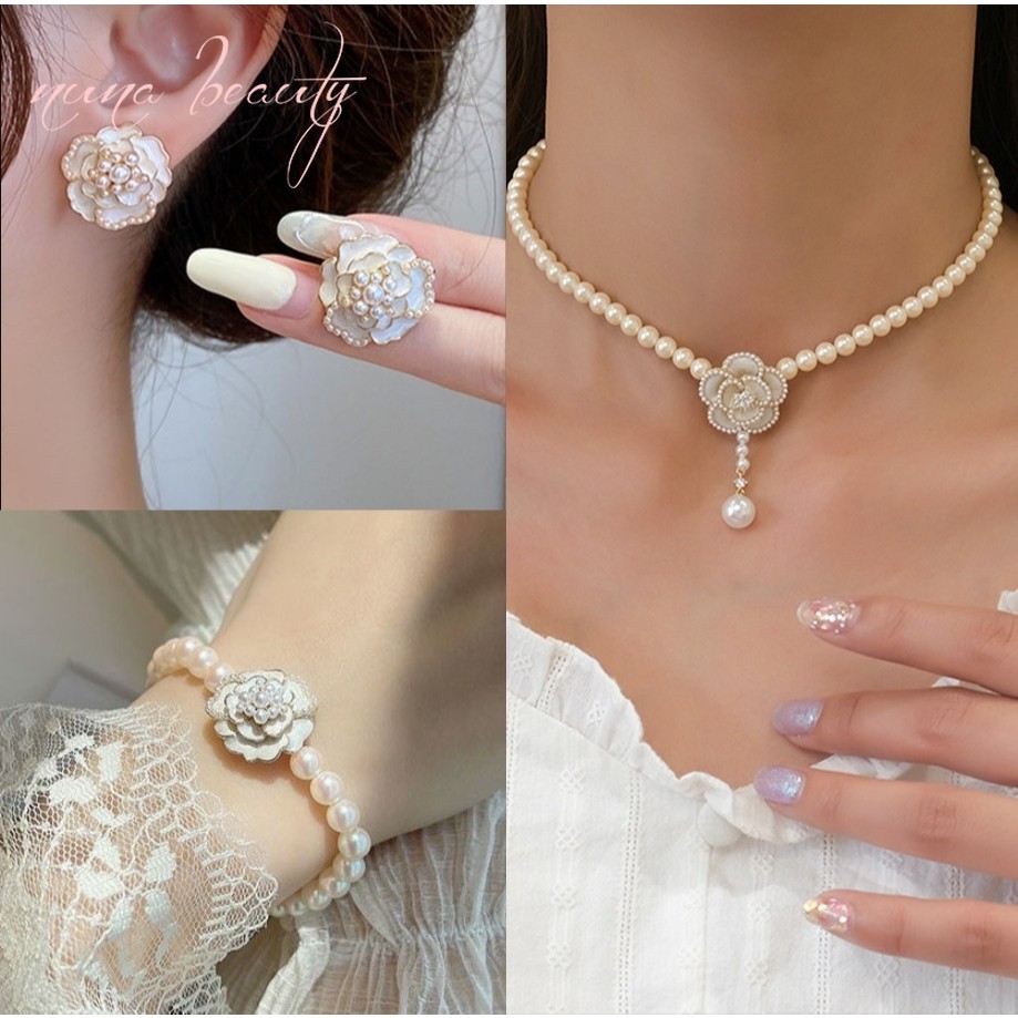 Elegent Camellia Jewelry Set for Women Pearl Stud Earrings Necklace Fashion Jewelry Set Accessories