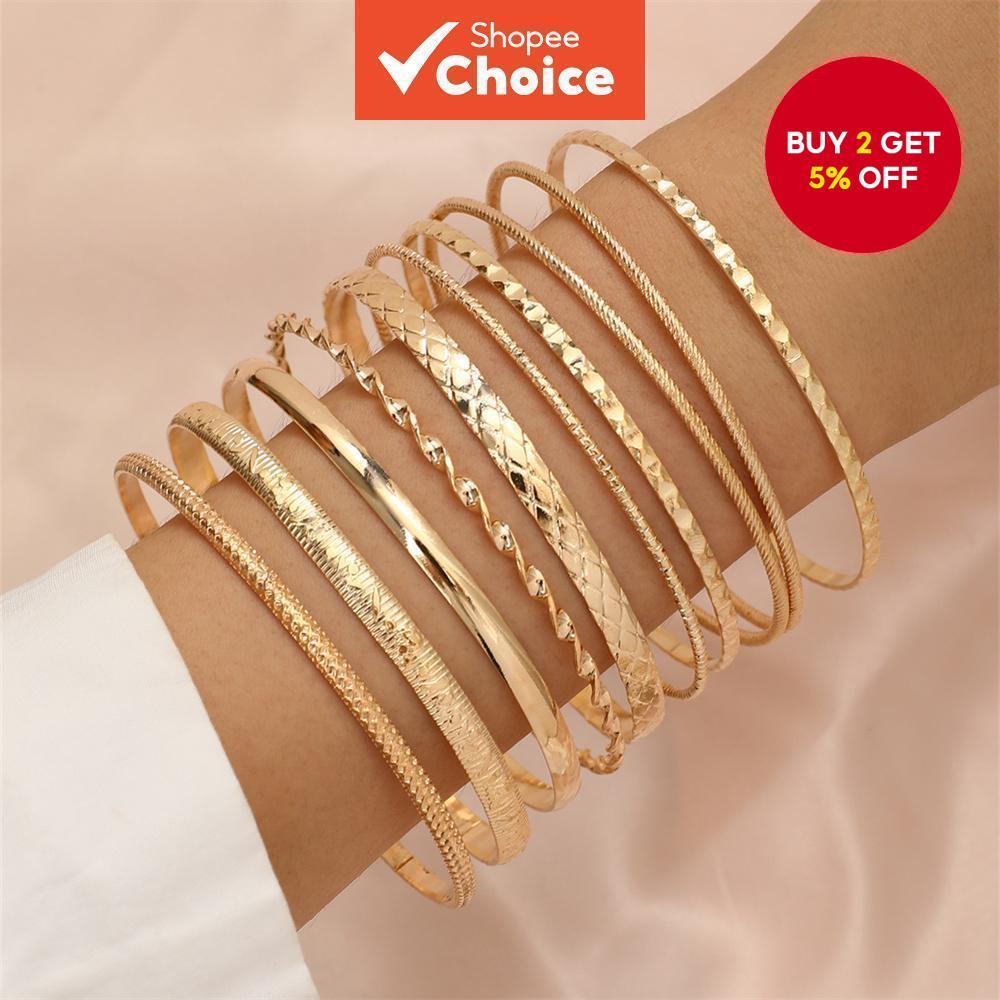 Stylish Diamond Metal Bangle Set Unique Twisted Bracelets for Women 10 Pcs Fashion Jewelry