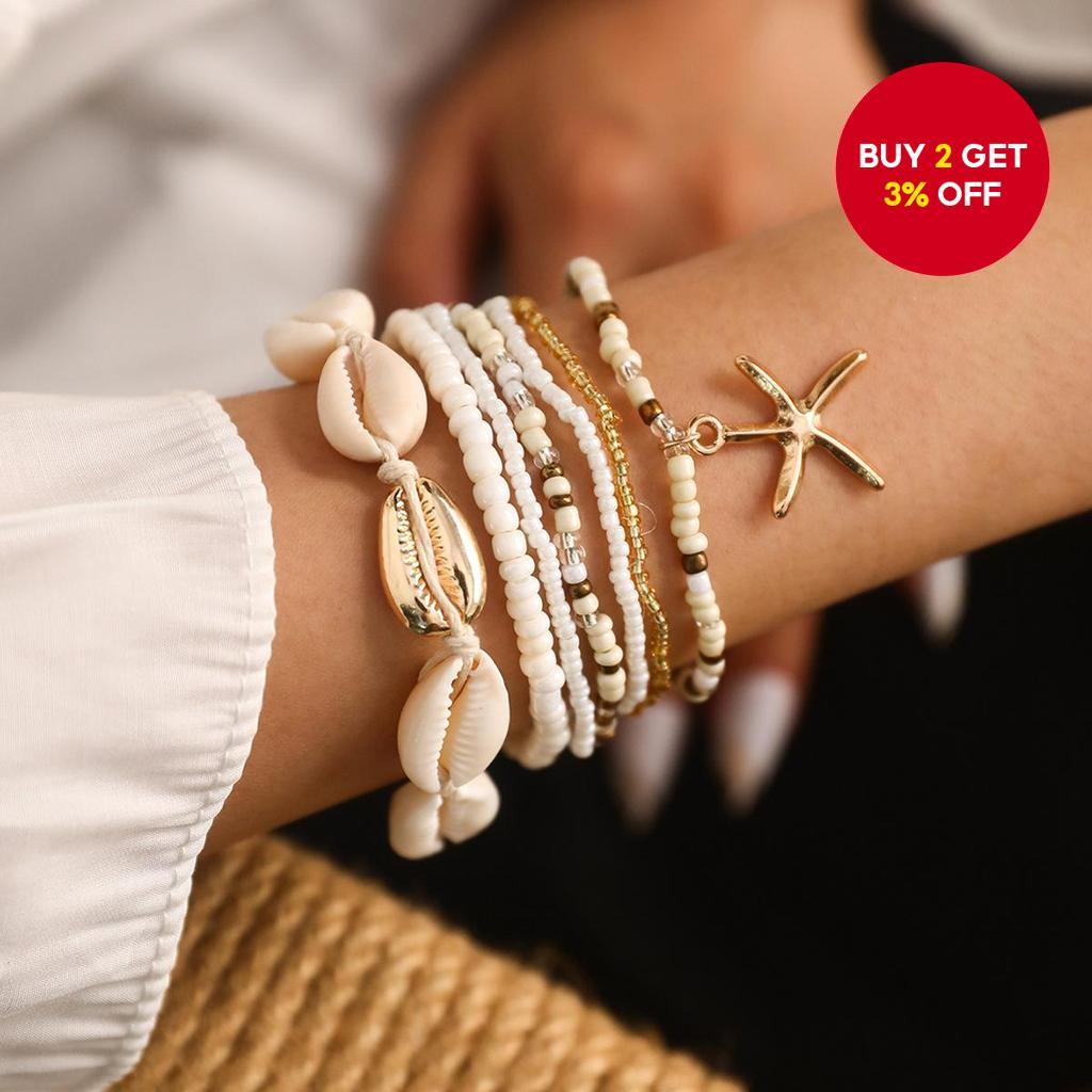 Vacation Style 7pcs Beaded Shell Starfish Bracelet Set for Women Beach Jewelry Trendy Boho Gift