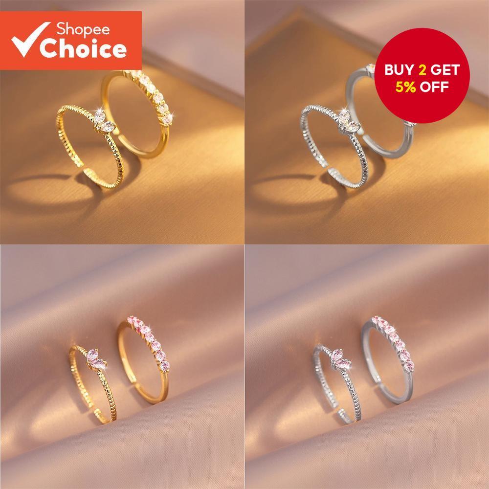 Stacking 2Pcs Zircon Heart Ring Set Elegant Adjustable Gold Silver Rings for Women Fashion Jewelry
