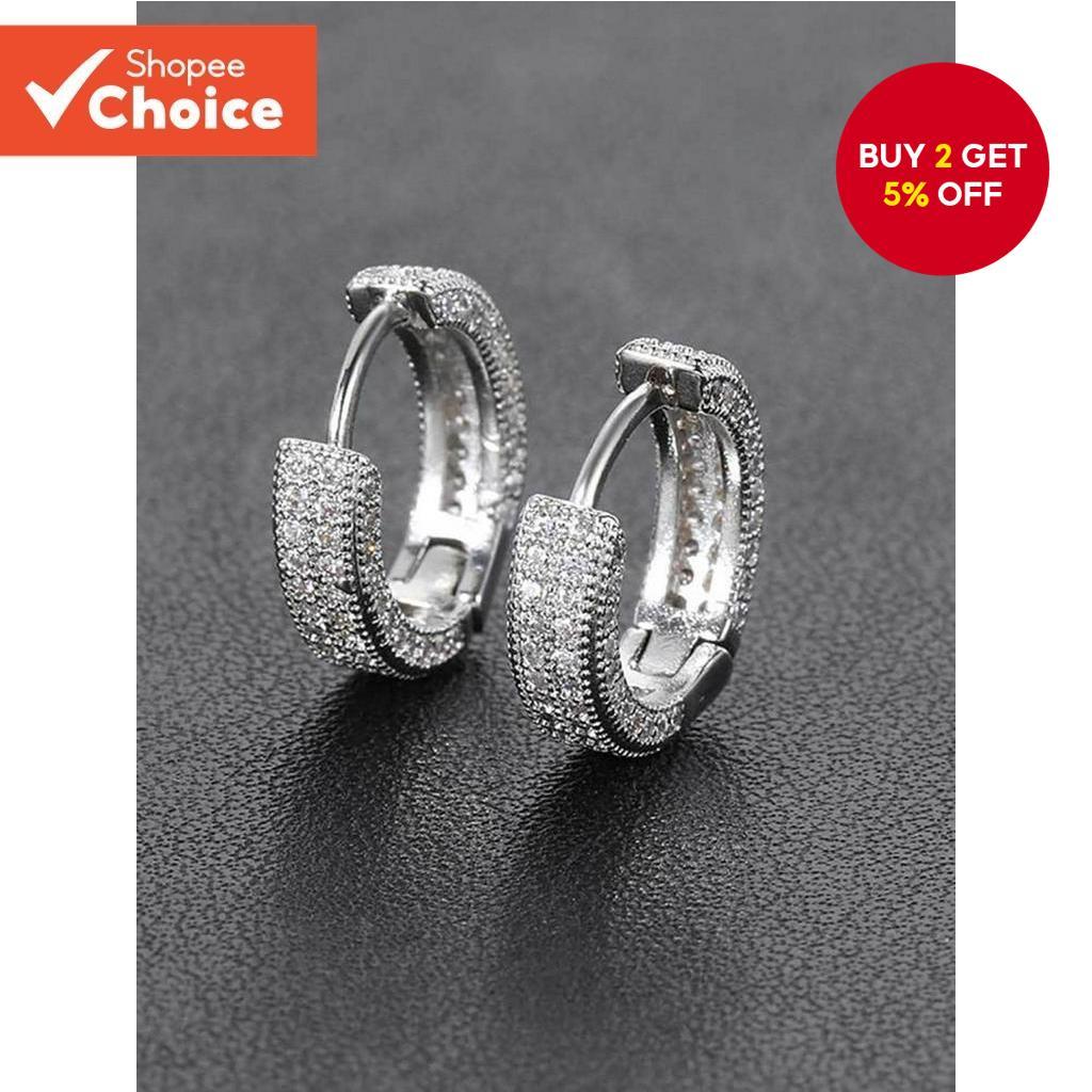 2Pc Elegant Zircon Silver Hoop Earrings Classic Alloy Jewelry Gift For Women Men