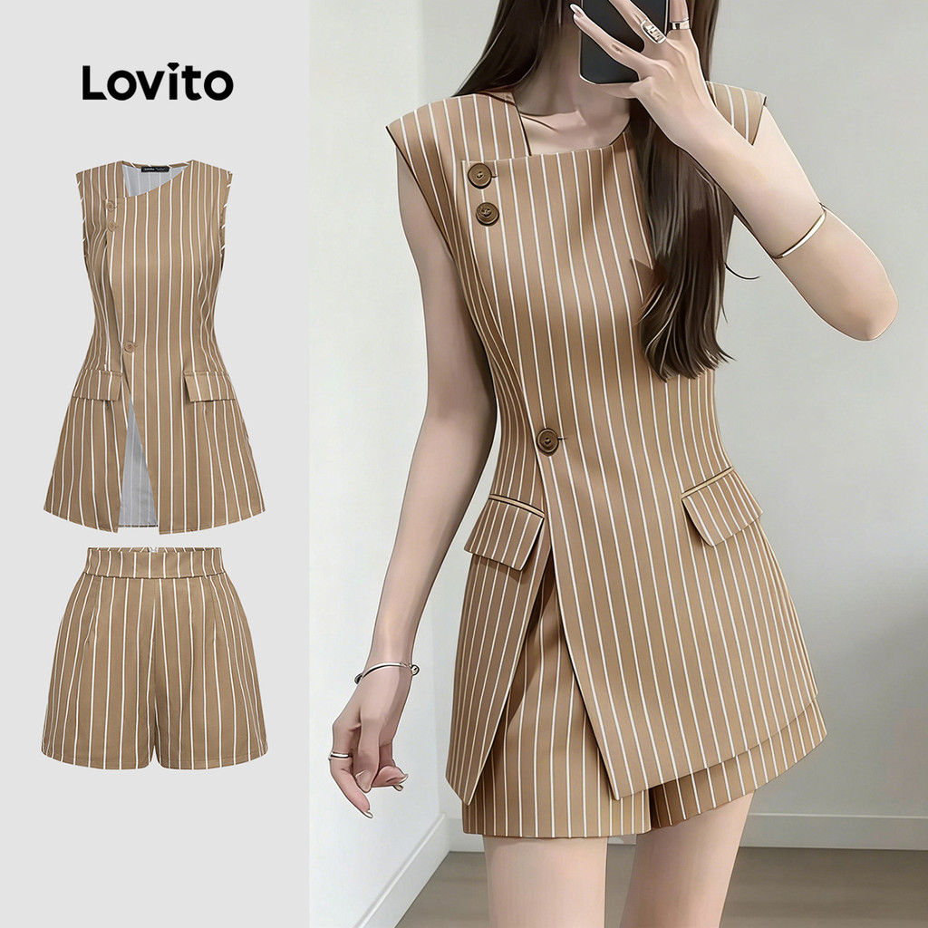 Lovito Women Elegant Tops or Bottoms Button Side Stripe Simple Spring/summer Tops or Bottoms L190ED3
