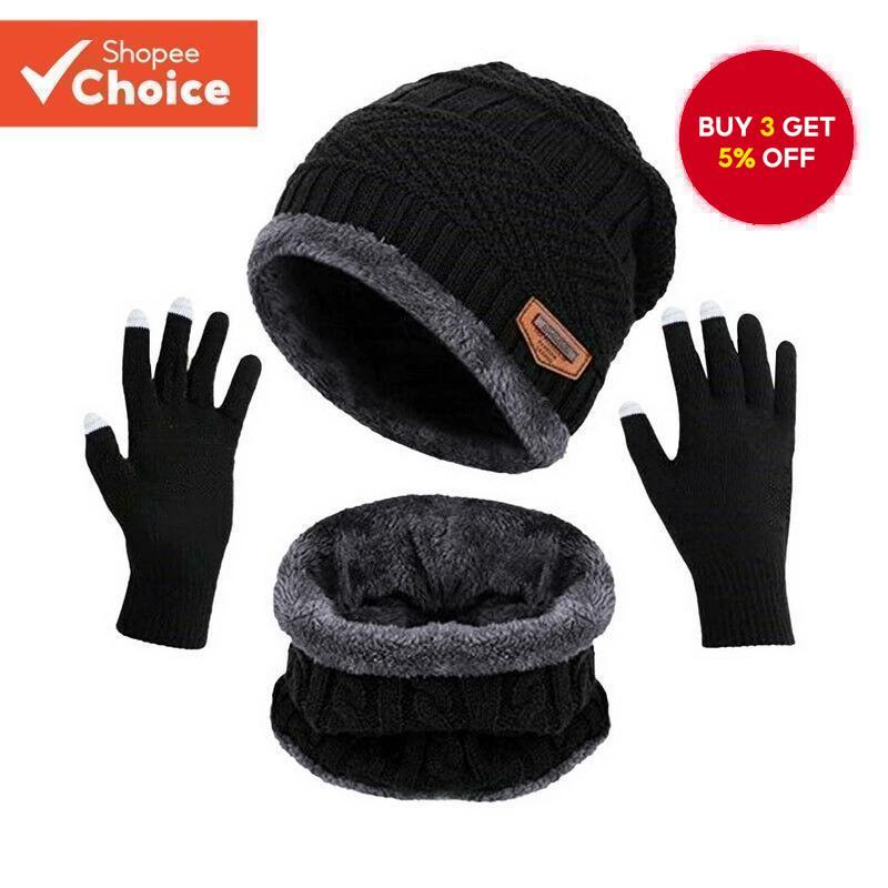Winter warm woolen hat Three-piece Set Unisex Thermal Winter Set - Beanie Scarf & Touchscreen Gloves